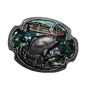 VINTAGE BASS SPORT Fishing Fish Boat DESIGN Enamel BELT BUCKLE - Picture 1 of 3