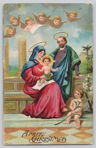 Postcard Vintage Christmas Greetings Embossed Holy Family Nativity - Picture 1 of 2