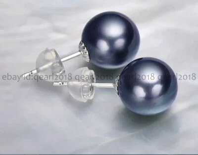 Aretes redondos perfectos de perlas negras naturales reales del Mar del Sur de oro blanco de 14K Foto 1 de 4