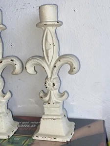 Pair Cast Iron Shabby Chic Distressed White Taper Candle Holders 8”h x 3”-Set-2 - Picture 1 of 11