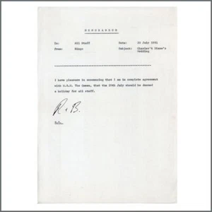 Ringo Starr 1981 Hand Initialled Memorandum Wedding Of Charles And Diana (UK) - Picture 1 of 1