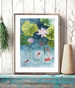 Orientalische Lotusblume Koi Fisch Aquarell Gemälde Original Handarbeit Asiatische Kunst - Bild 1 von 18