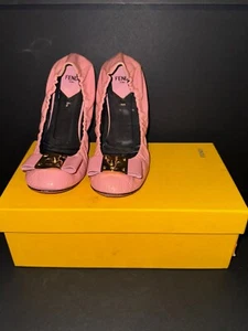 FENDI Pink Patent Leather Flats Size 8.5 Gold Logo – Designer Shoes - Picture 1 of 11