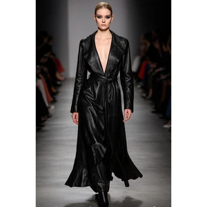 GIAN MORI schwarzer Echtleder Maxi Mantel Runway Style Made in Europe, Gürtel S - Bild 1 von 15