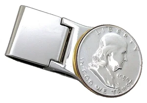 1954 Franklin Half Dollar Stainless Gold Color Bezel Hindged Money Clip 9073OTH - Picture 1 of 4