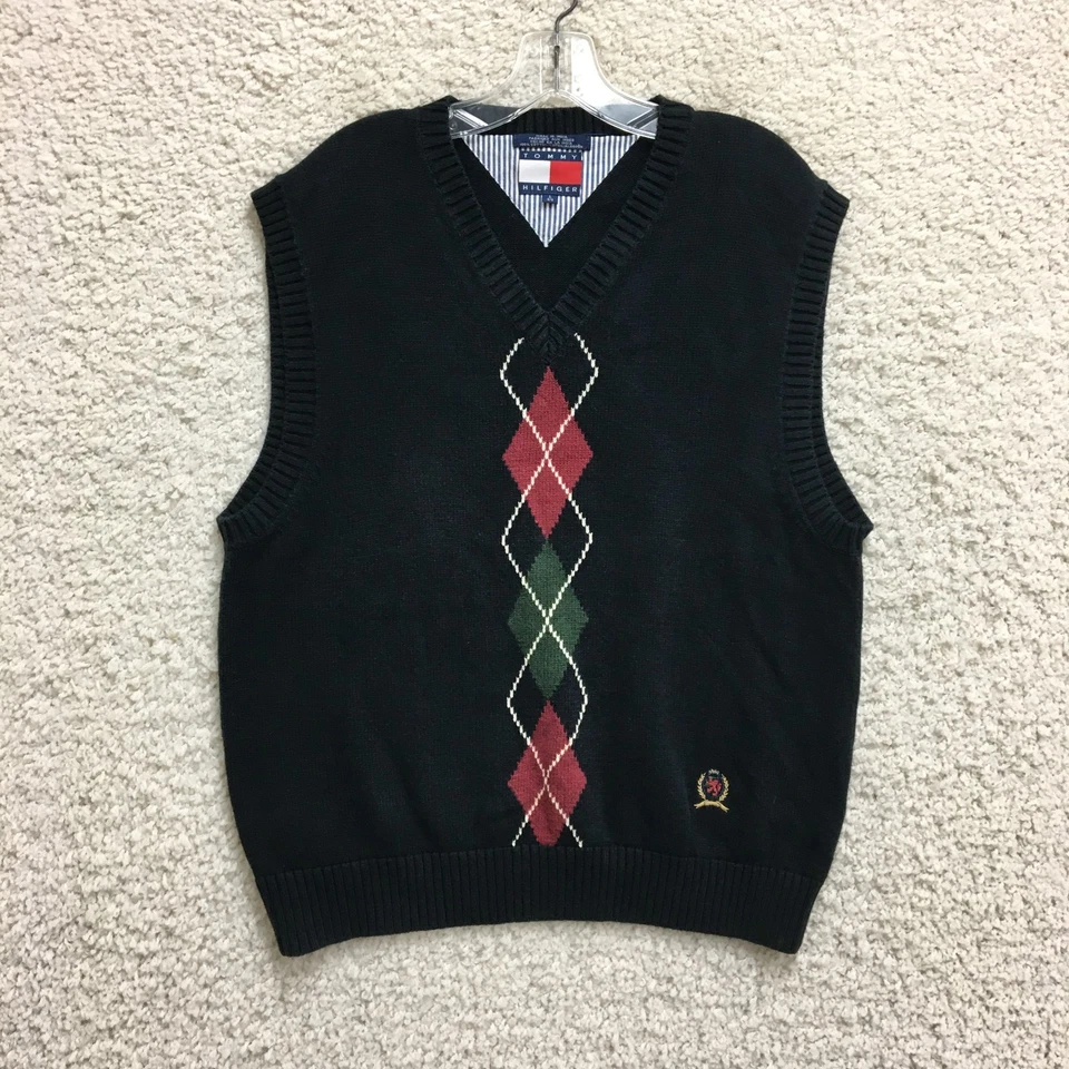 DE COLECCIÓN Tommy Hilfiger Chaleco Suéter Grande Adulto Negro Cuello en V Tejido Argyle Para Hombres L Foto 1 de 4