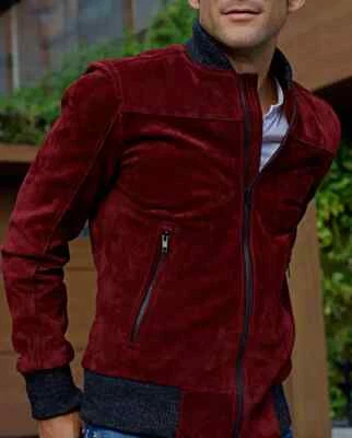 Chaqueta de cuero bombardero borgoña para hombre gamuza pura talla S M L XL XXL hecha a medida - 170 Foto 1 de 4