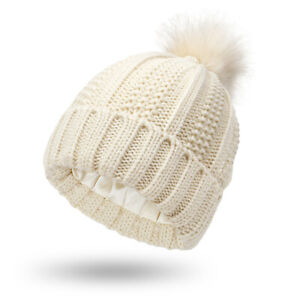 Women Knit Winter Hat Pompom Baggy Warm Beanie Hats Silk Satin Lined Ski Cap