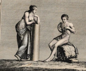 Antica acquaforte persone originali, donna, uomo, nudo, musica, mitologia - Foto 1 di 8