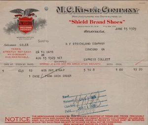 1929 Billhead M. C. Kiser Company "Shield Brand Shoes" Atlanta, GA - Bild 1 von 5