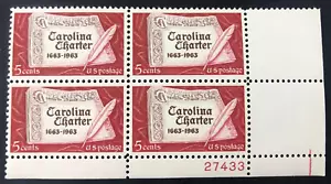 1963 Carolina Charter 1663-1963 5 Cent 5c Stamp Block of 4 Scott #1230 - Picture 1 of 5