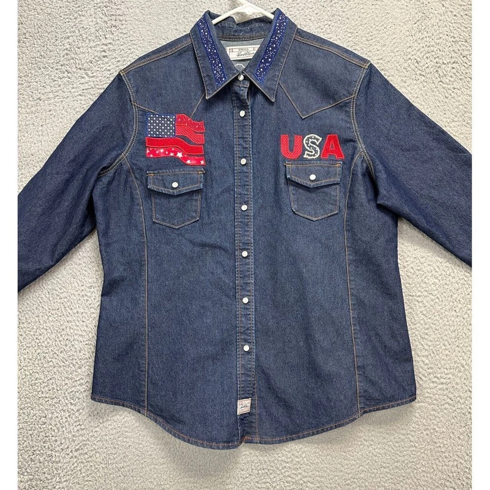 Camisa Levis Niñas Extra Grande Azul Denim Perla A Presión Vaquera Occidental Bordada Foto 1 de 4