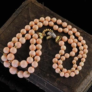 Vintage Estate 18K Two Tone Gold Diamond Angel Skin Coral Double Strand Necklace - Picture 1 of 7
