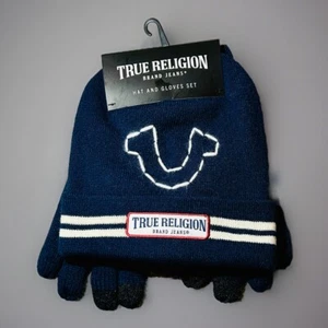 True Religion Men’s Hat & Gloves 2-Pieces Set Navy White Logo Front One Size NWT - Picture 1 of 4