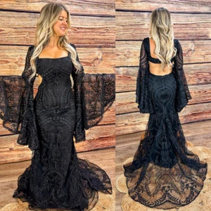 Gothic Black Wedding Dresses with Puff Sleeves Mermaid Lace Appliques Bridal - Picture 1 of 12