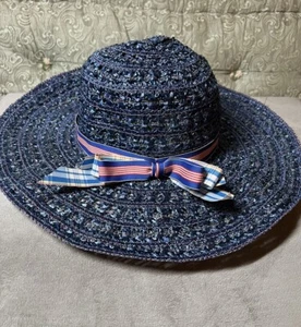 Vintage 1970's MOD Groovy Blue WIDE BRIM Straw Raffia HAT 70s Hippy Boho Taiwan - Picture 1 of 3