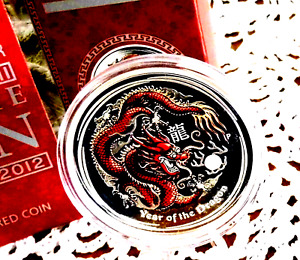 1 oz Silver .999 BLACK RED 2012 Lunar Year Of The Dragon Colorized Proof; w/OGP