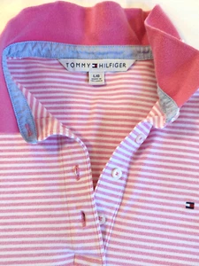 Tommy Hilfiger Striped Polo Shirt Women L Pink Wht Stretch Knit Logo Preppy Y2K - Picture 1 of 8