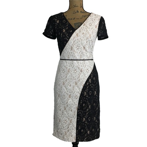 OFF WHITE Abito Antonio Melani 0 XS bianco nero avorio pizzo colore blocco tubino $169 nuovo con etichette