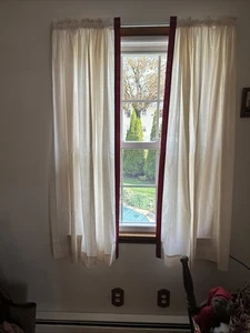 Vintage Country Curtains Rod Pocket Panels Cream With maroon Ribbon 53" - Picture 1 of 3