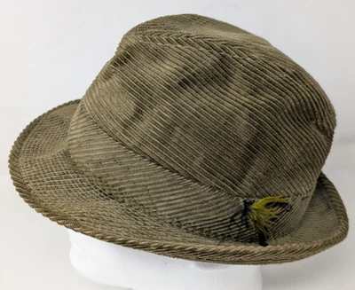 Vintage Mens Corduroy Fedora Hat Size 7 Medium Feather 60s 70s USA Olive Gren - Image 1 of 4