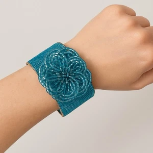 Vintage Turquoise Beaded Flower Cuff Bracelet Wide Wire Wrapped Statement - Picture 1 of 6