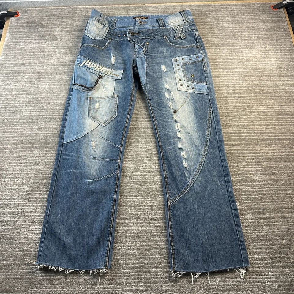 Pantalones de mezclilla Japrag para hombre 34x30 azules recortados Y2K tachonados botones mosca Foto 1 de 4