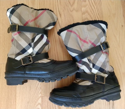 Burberry House Nova Check Shearling Lined Sheepskin Mid Calf Snow Boots 41 EU - Image 1 of 4