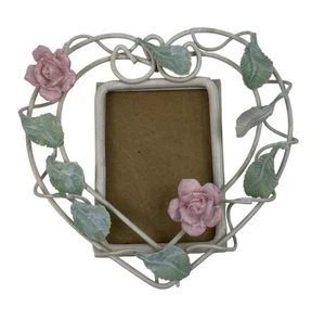 Vintage Arister Gifts Heart-Shaped Metal Picture Frame With Pink Roses - Picture 1 of 7