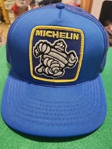 Vintage Michelin Man Blue Logo Patch Snapback Trucker Hat Cap USA - Picture 1 of 11