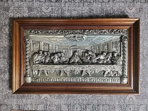 THE LAST SUPPER FRAMED WALL PLAQUE Silver METAL RELIEF 3D ART Vintage Beautiful - Picture 1 of 20