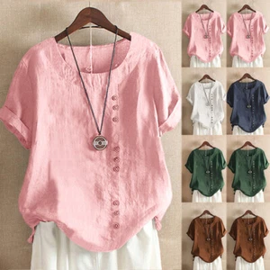 Plus Size 8-20 Cotton Linen Womens Summer Shirt Tunic Tops Short Sleeve Blouse - Picture 1 of 26