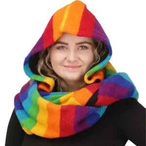Donna Scialla con Cappuccio Sciarpa Tubolare Arcobaleno Lana Lavorato a Maglia - Foto 1 di 5