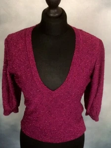 ZARA SPARKLY PULLOVER SWEATER PLUM DEEP V 3/4 SLEEVES ITALIAN METALLIC YARN - Picture 1 of 5