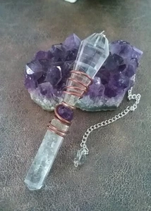 CRYSTAL QUARTZ PENDANT, Double Crystal Necklace With Amethyst and Copper Coil - Picture 1 of 1