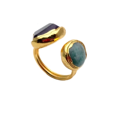Y·YING Natural Gemstone Ring Green Amazonite Purple Amethyst Ring Handmade - Image 1 of 4