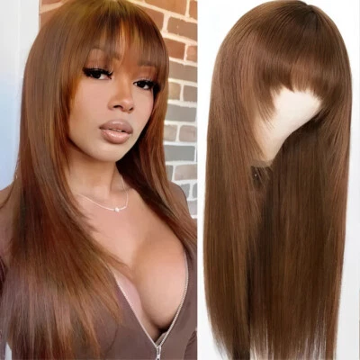 UNice Cambodian Brown Yaki Straight Human Hair Wig with Bangs Lace Wig Layer Cut - Image 1 of 4
