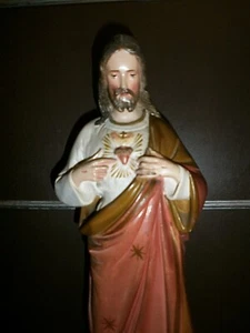 ANCIENNE STATUE RELIGIEUSE/SACRE COEUR DE JESUS/XXéme/H.53cm/PLATRE/CHRIST/CROIX - Picture 1 of 8
