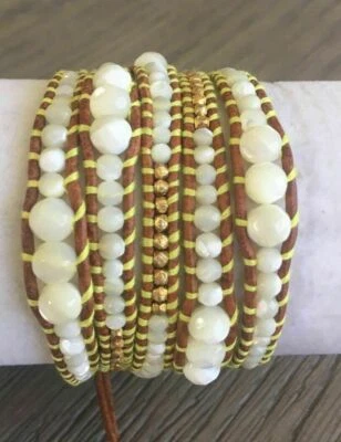 Nuevo Brazalete Chan Luu Graduado Madreperla Oro Pepita Cuero Tostado Envolvente Foto 1 de 4