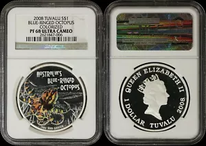 2008 Tuvalu Silber $ 1 blau geringter Oktopus farbig - NGC PF68 - KM# 76 - Bild 1 von 6