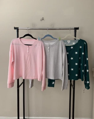 ¡NUEVO CON ETIQUETAS! Lote de 3 pijamas Henley acanalados mangas largas Jenni para mujer talla L paquete superior Foto 1 de 4