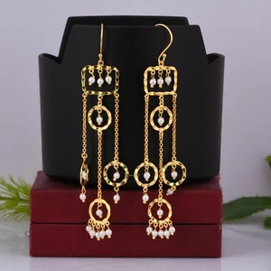 18k Gold Plated Handmade Round Long Dangle Earring With Chain Pearl Gemstone - Picture 1 of 4