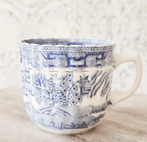 Antique Fluted China Cup Willow Blue White Aged Brocante Porcelain - Picture 1 of 20