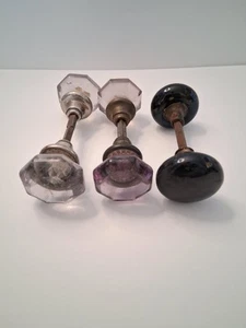 VTG Rare (2) Light Purple Crystal Amethyst Door Knobs (1) Black Metal Porcelain - Picture 1 of 7
