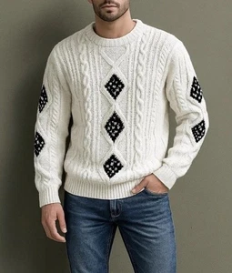 Vtg Hand Knit Sweater Mens L White Blue Cotton Chunky Crewneck Fisherman Aran - Picture 1 of 15