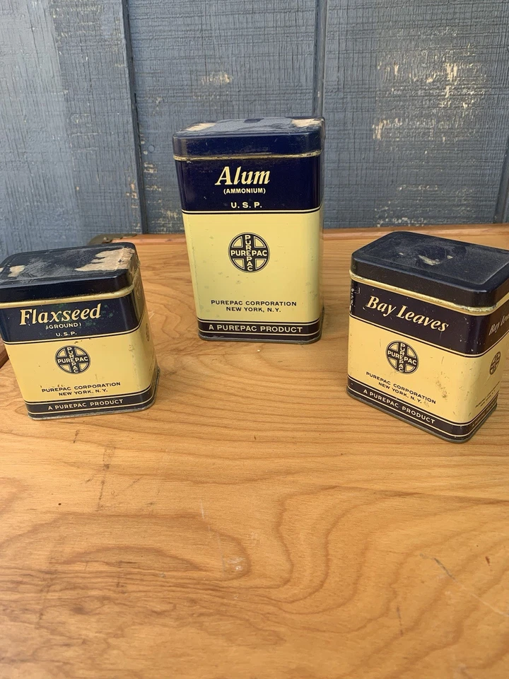 Lot of 3 vintage purepac yellow spice tins Alum ground flaxseed & bay leaves  - Image 1 of 1