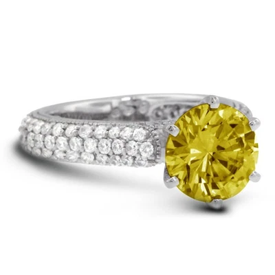 Anillo de piedra lateral de oro de 18 k con diamantes extraídos terrestres redondos SI1 amarillo de 2,11 quilates Foto 1 de 4