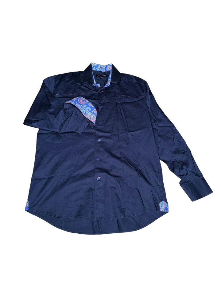 Bogosse Dress Shirt Mens Large Navy Red Stitch Paisley Trim Western Long Sleeve - Image 1 of 3