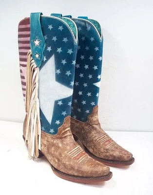 Botas occidentales altas Corral para mujer 7,5 M estrellas y rayas con flecos punta corta Foto 1 de 4