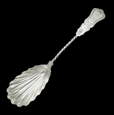 Mid 1800s Antique Coin Silver Serving Spoon Twisted Handle Shell Bowl 9 in - Image 1 of 4